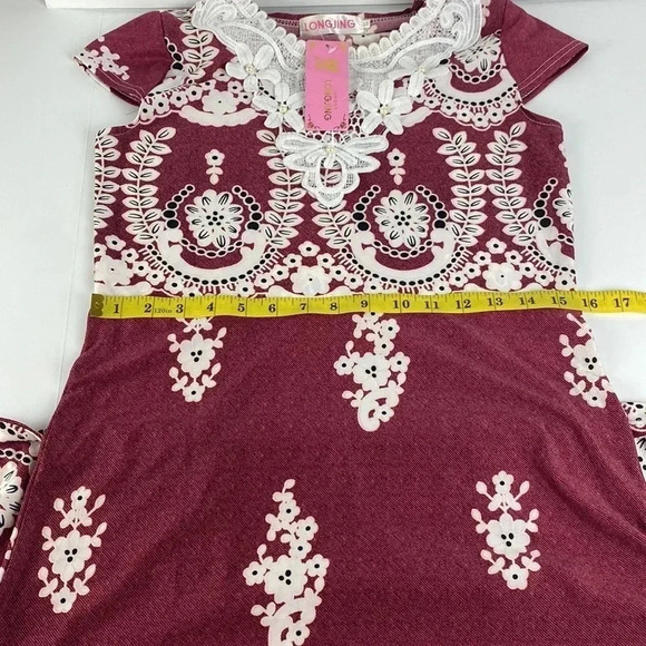NWT burgundy floral lace print maximalist maxi feminine shift dress  medium - Picture 4 of 12